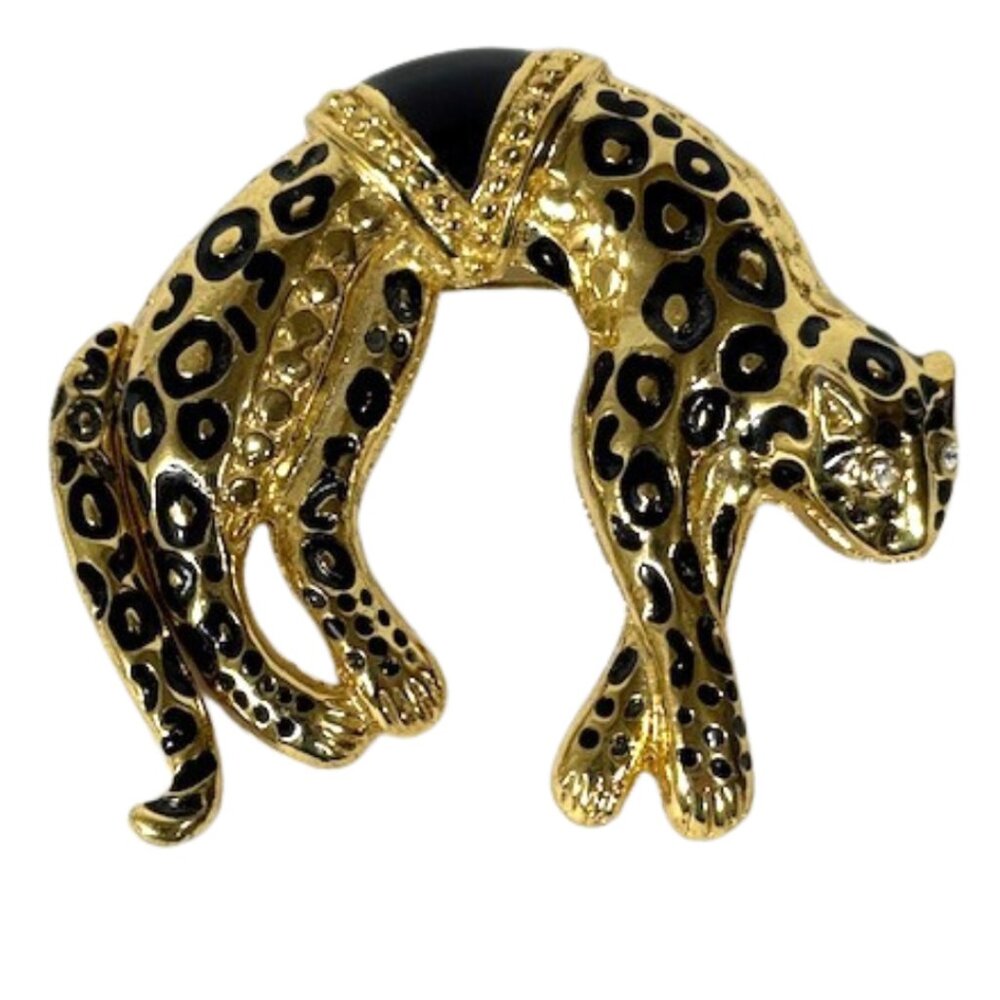 Gold-tone and lacquer spotted panther brooch/pin with swinging tail.